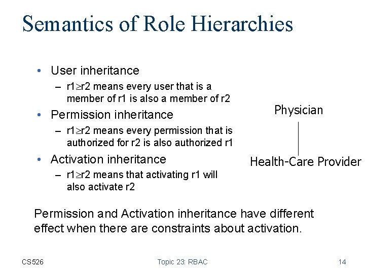 Semantics of Role Hierarchies • User inheritance – r 1 r 2 means every