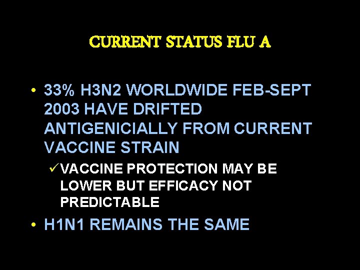 CURRENT STATUS FLU A • 33% H 3 N 2 WORLDWIDE FEB-SEPT 2003 HAVE