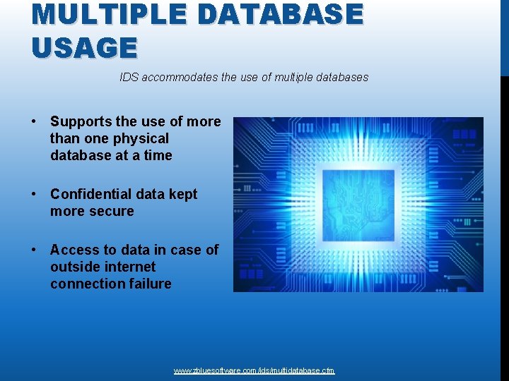 MULTIPLE DATABASE USAGE IDS accommodates the use of multiple databases • Supports the use