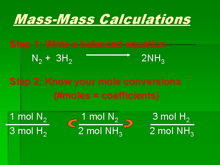 Mass-Mass Calculations Step 1: Write a balanced equation N 2 + 3 H 2