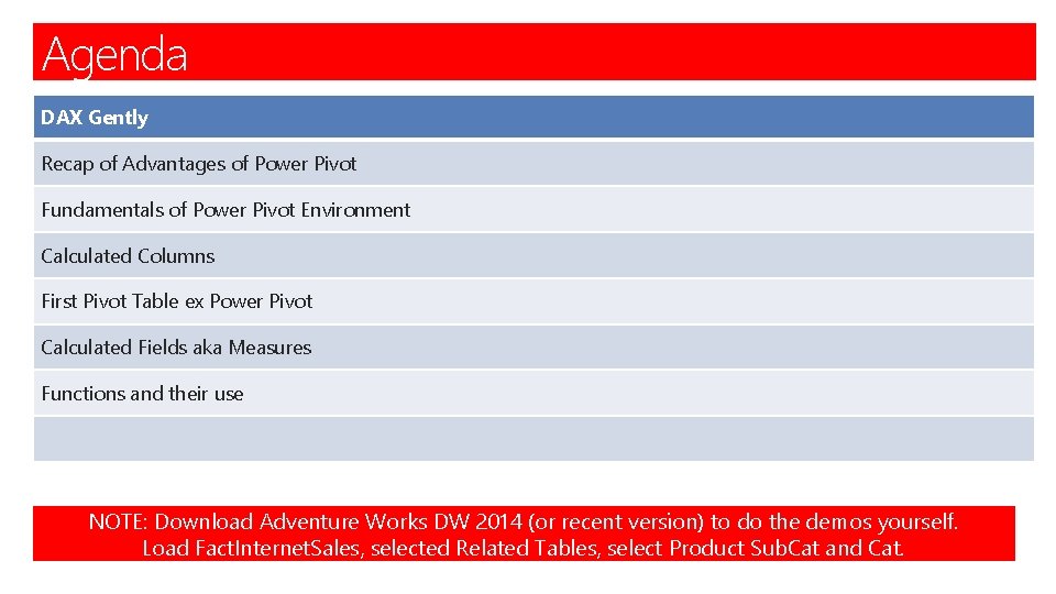 Agenda DAX Gently Recap of Advantages of Power Pivot Fundamentals of Power Pivot Environment