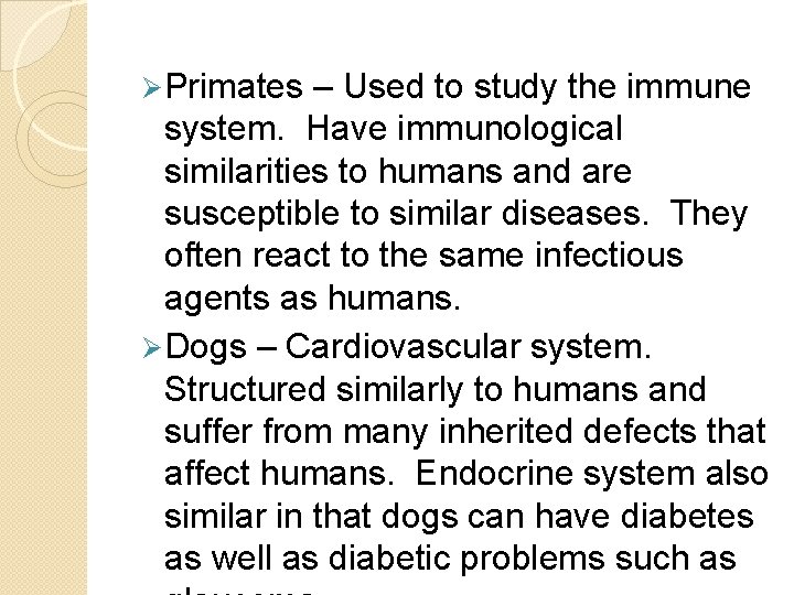 Ø Primates – Used to study the immune system. Have immunological similarities to humans