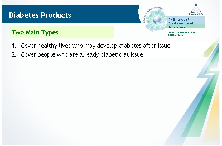 Diabetes Products Two Main Types 19 th Global Conference of Actuaries 30 th –