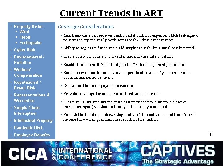 Current Trends in ART • Property Risks: § Wind § Flood § Earthquake Coverage