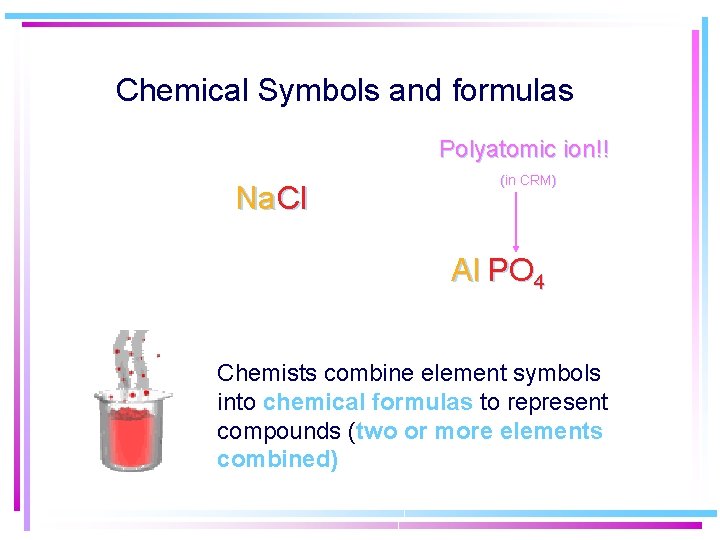 Chemical Symbols and formulas Polyatomic ion!! Na Cl (in CRM) Al PO 4 Chemists Chemical Symbols and formulas Polyatomic ion!! Na Cl (in CRM) Al PO 4 Chemists
