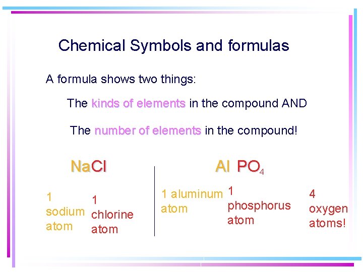 Chemical Symbols and formulas A formula shows two things: The kinds of elements in Chemical Symbols and formulas A formula shows two things: The kinds of elements in