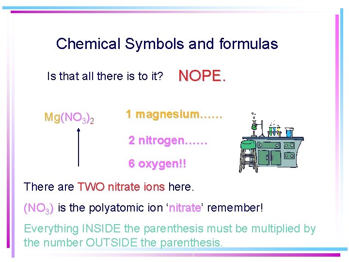 Chemical Symbols and formulas Is that all there is to it? Mg(NO 3)2 NOPE. Chemical Symbols and formulas Is that all there is to it? Mg(NO 3)2 NOPE.