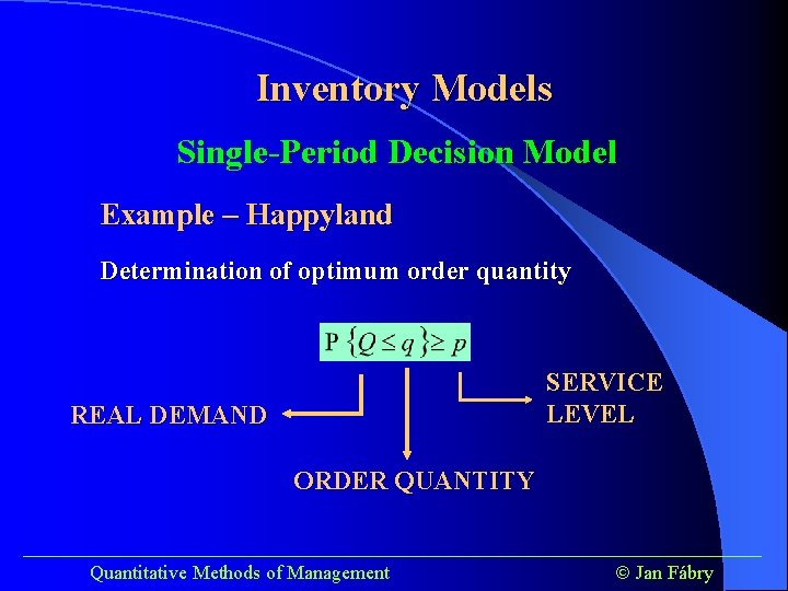 Inventory Models Single-Period Decision Model Example – Happyland Determination of optimum order quantity SERVICE