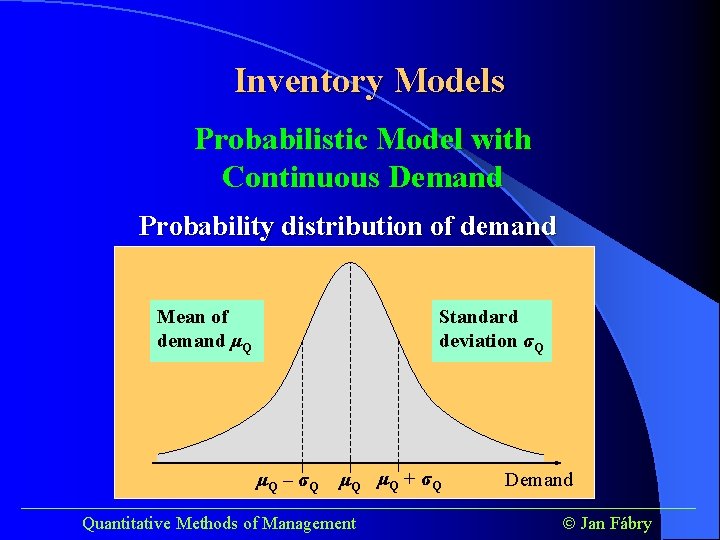 Inventory Models Probabilistic Model with Continuous Demand Probability distribution of demand Mean of demand