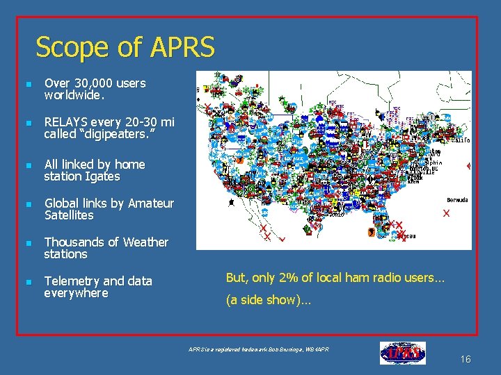 Scope of APRS n Over 30, 000 users worldwide. n RELAYS every 20 -30