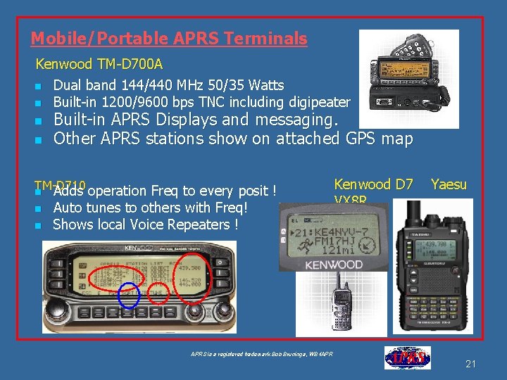 Mobile/Portable APRS Terminals Kenwood TM-D 700 A n Dual band 144/440 MHz 50/35 Watts