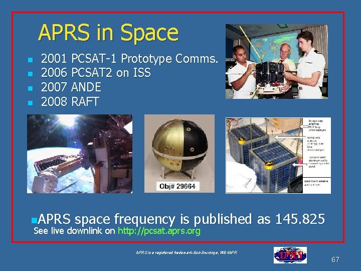 APRS in Space n n 2001 PCSAT-1 Prototype Comms. 2006 PCSAT 2 on ISS