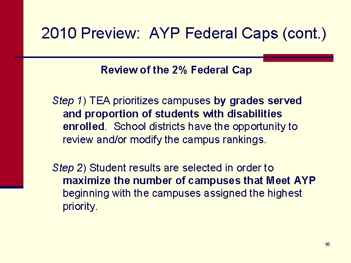 2010 Preview: AYP Federal Caps (cont. ) Review of the 2% Federal Cap Step