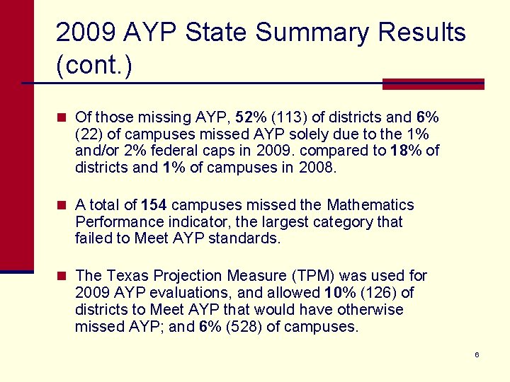2009 AYP State Summary Results (cont. ) n Of those missing AYP, 52% (113)