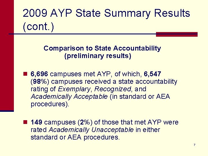 2009 AYP State Summary Results (cont. ) Comparison to State Accountability (preliminary results) n