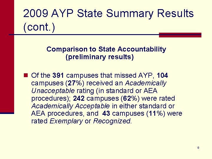 2009 AYP State Summary Results (cont. ) Comparison to State Accountability (preliminary results) n