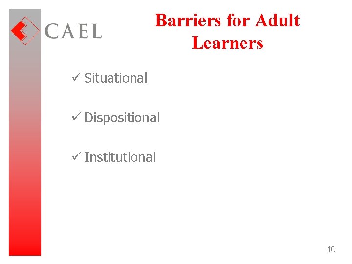 Barriers for Adult Learners ü Situational ü Dispositional ü Institutional 10 