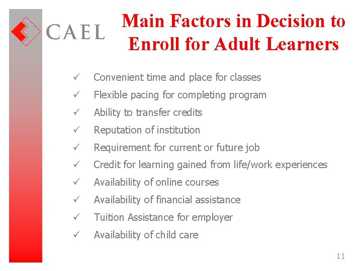 Main Factors in Decision to Enroll for Adult Learners ü Convenient time and place