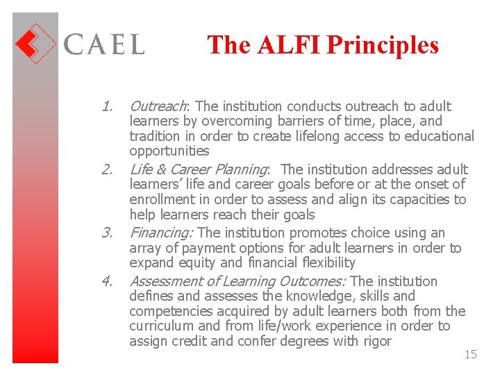 The ALFI Principles 1. 2. 3. 4. Outreach: The institution conducts outreach to adult
