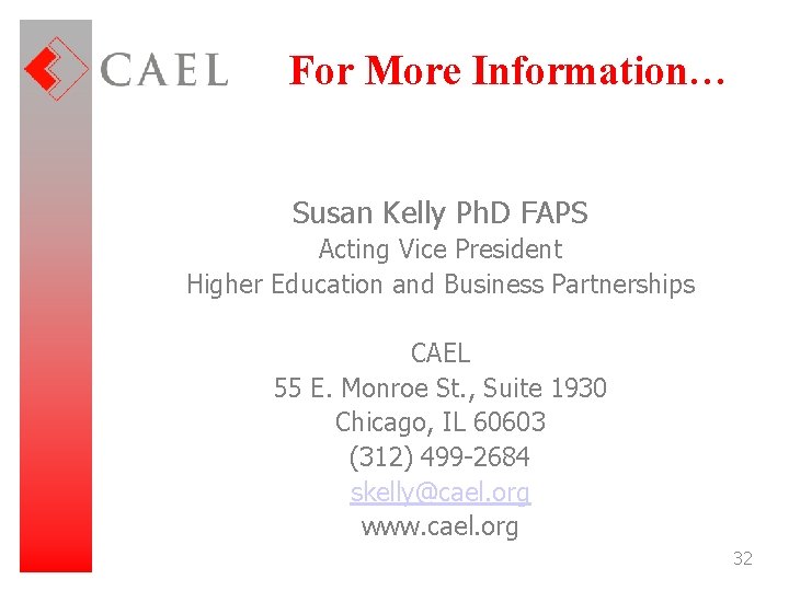 For More Information… Susan Kelly Ph. D FAPS Acting Vice President Higher Education and