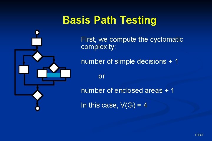Basis Path Testing First, we compute the cyclomatic complexity: number of simple decisions +