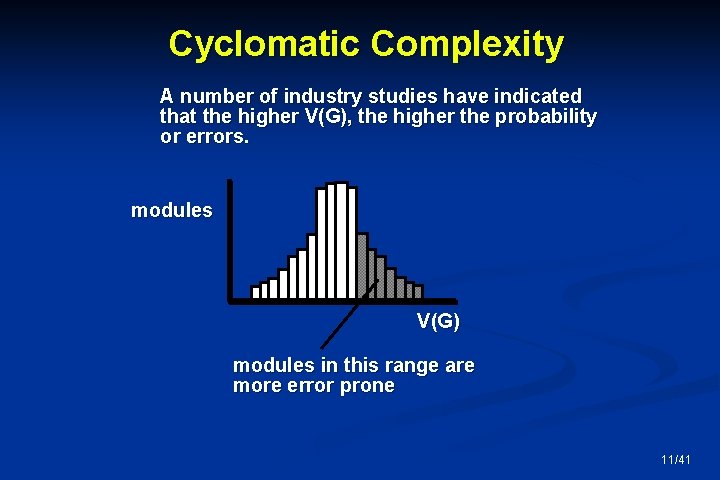 Cyclomatic Complexity A number of industry studies have indicated that the higher V(G), the