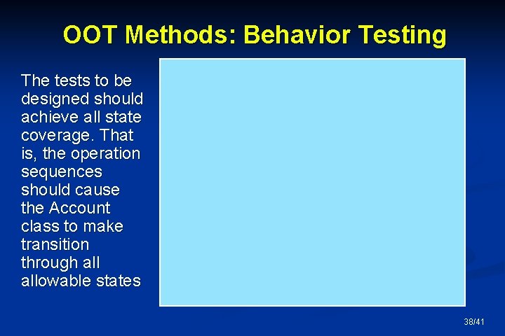 OOT Methods: Behavior Testing The tests to be designed should achieve all state coverage.