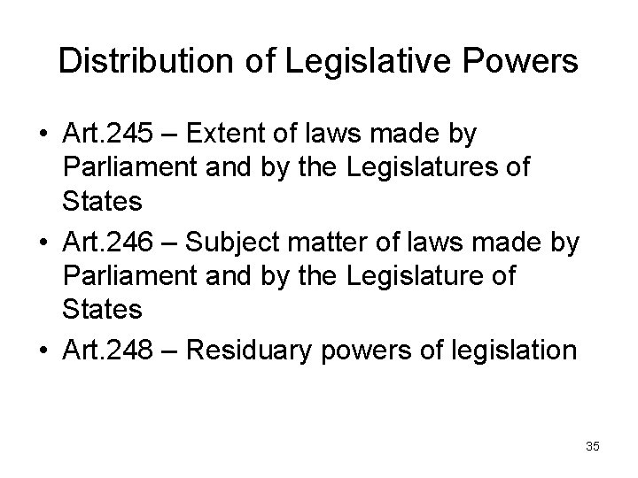 Distribution of Legislative Powers • Art. 245 – Extent of laws made by Parliament