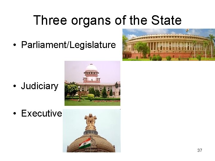 Three organs of the State • Parliament/Legislature • Judiciary • Executive 37 