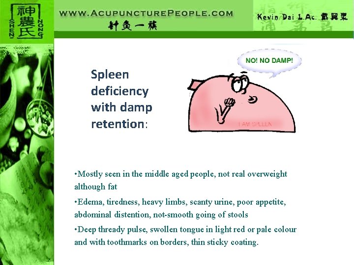 Spleen deficiency with damp retention: • Mostly seen in the middle aged people, not