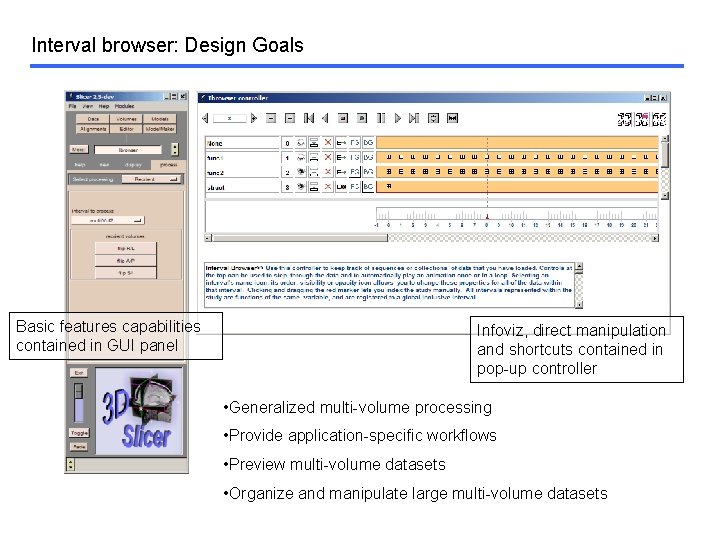 Interval browser: Design Goals Basic features capabilities contained in GUI panel Infoviz, direct manipulation