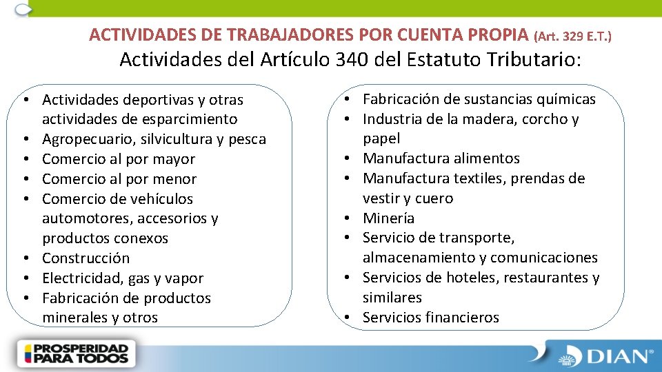 ACTIVIDADES DE TRABAJADORES POR CUENTA PROPIA (Art. 329 E. T. ) Actividades del Artículo