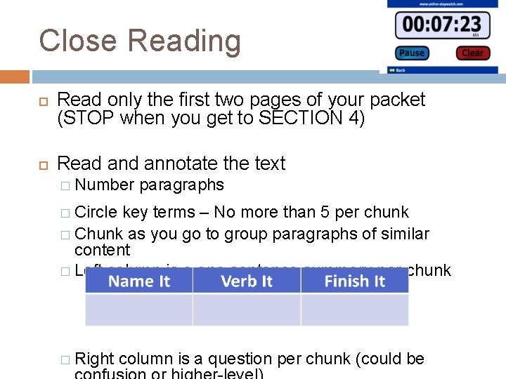Close Reading Read only the first two pages of your packet (STOP when you