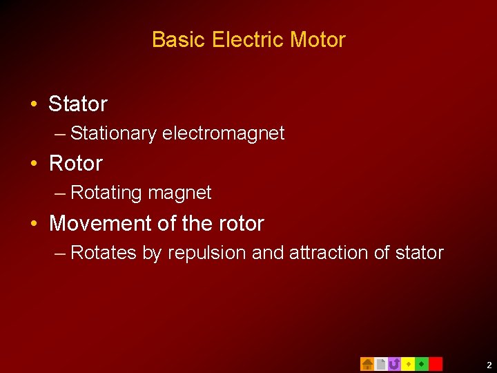 Basic Electric Motor • Stator – Stationary electromagnet • Rotor – Rotating magnet •