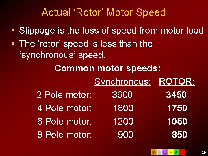 Actual ‘Rotor’ Motor Speed • Slippage is the loss of speed from motor load