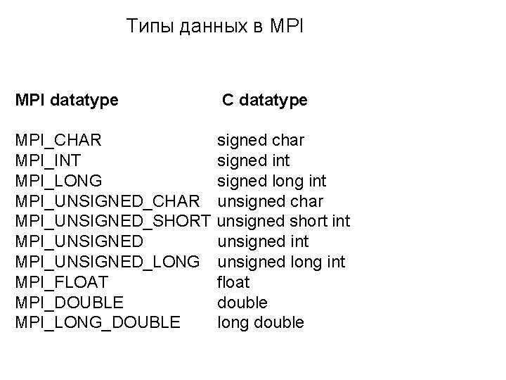 Типы данных в MPI datatype C datatype MPI_CHAR signed char MPI_INT signed int MPI_LONG