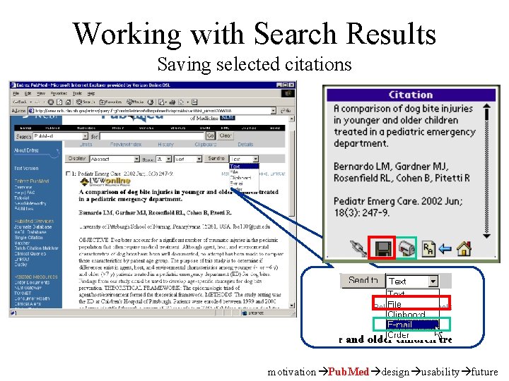 Working with Search Results Saving selected citations motivation Pub. Med design usability future 