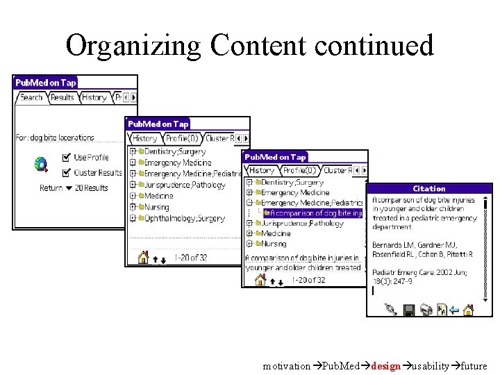 Organizing Content continued motivation Pub. Med design usability future 