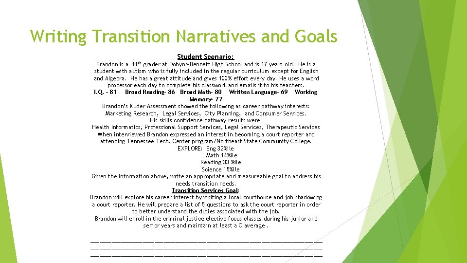 Writing Transition Narratives and Goals Student Scenario: Brandon is a 11 th grader at