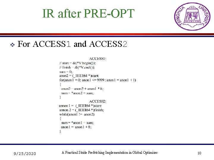 IR after PRE-OPT v For ACCESS 1 and ACCESS 2 9/25/2020 A Practical Stride