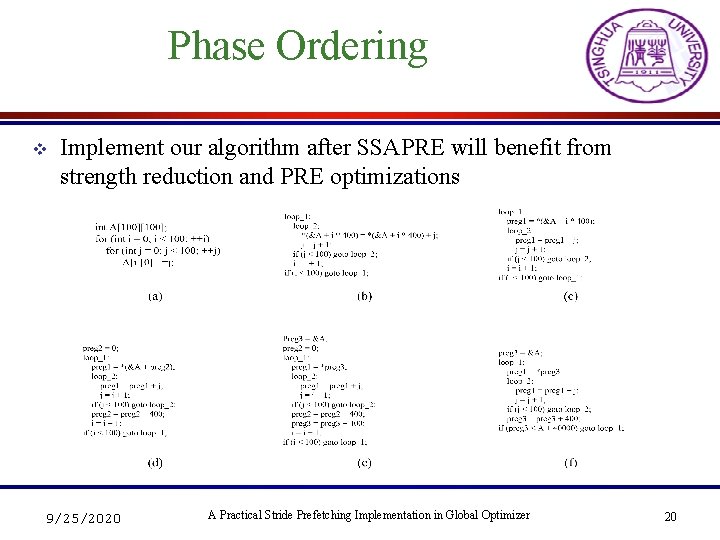 Phase Ordering v Implement our algorithm after SSAPRE will benefit from strength reduction and