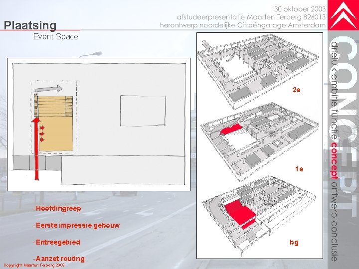 Plaatsing Event Space 2 e 1 e -Hoofdingreep -Eerste impressie gebouw -Entreegebied -Aanzet routing