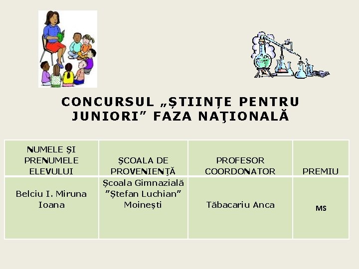 CONCURSUL „ȘTIINȚE PENTRU JUNIORI” FAZA NAŢIONALĂ NUMELE ŞI PRENUMELE ELEVULUI Belciu I. Miruna Ioana