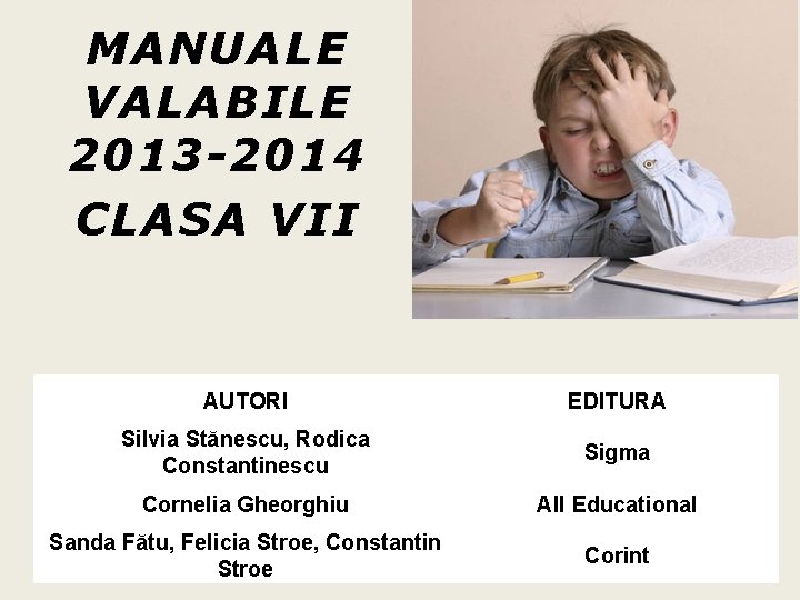 MANUALE VALABILE 2013 -2014 CLASA VII AUTORI EDITURA Silvia Stănescu, Rodica Constantinescu Sigma Cornelia