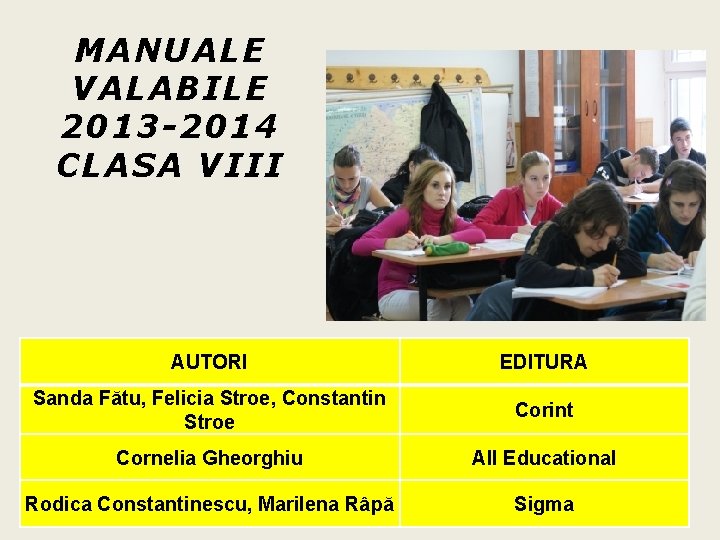 MANUALE VALABILE 2013 -2014 CLASA VIII AUTORI EDITURA Sanda Fătu, Felicia Stroe, Constantin Stroe