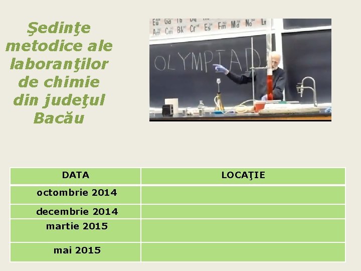 Şedinţe metodice ale laboranţilor de chimie din judeţul Bacău DATA octombrie 2014 decembrie 2014