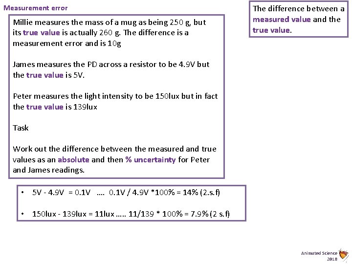 Measurement error Millie measures the mass of a mug as being 250 g, but