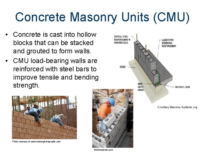 Concrete Masonry Units (CMU) • Concrete is cast into hollow blocks that can be