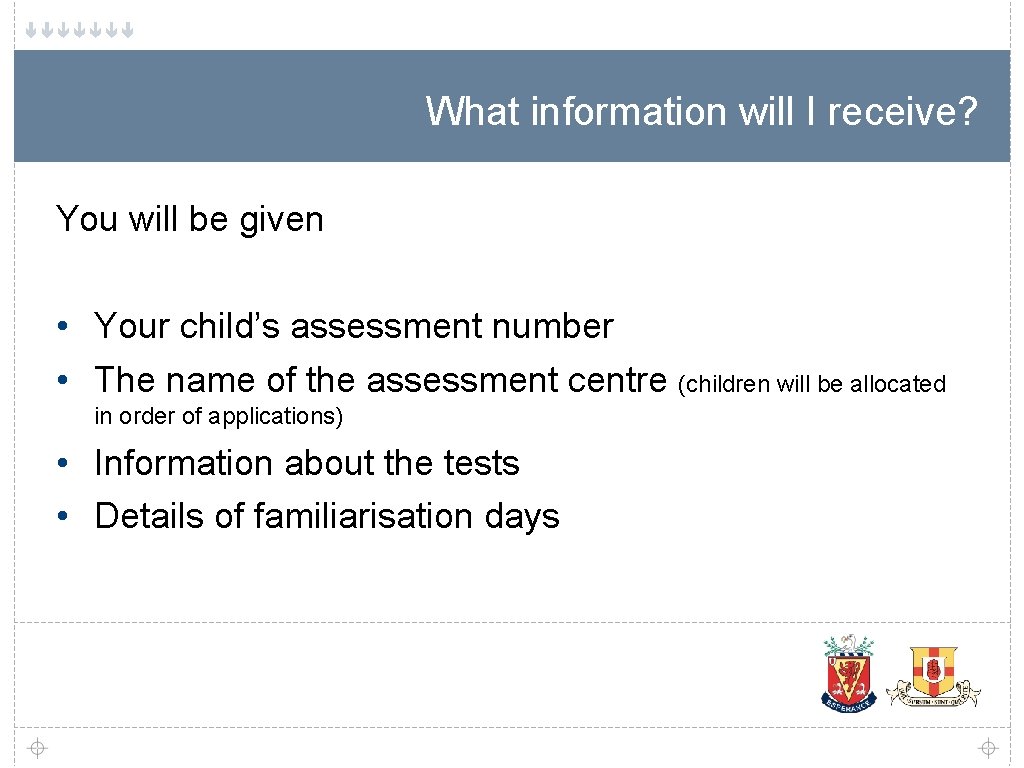 What information will I receive? You will be given • Your child’s assessment number