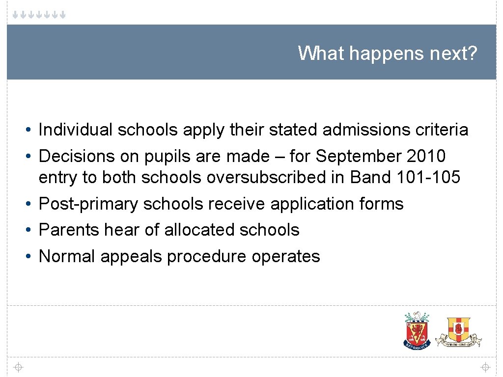 What happens next? • Individual schools apply their stated admissions criteria • Decisions on
